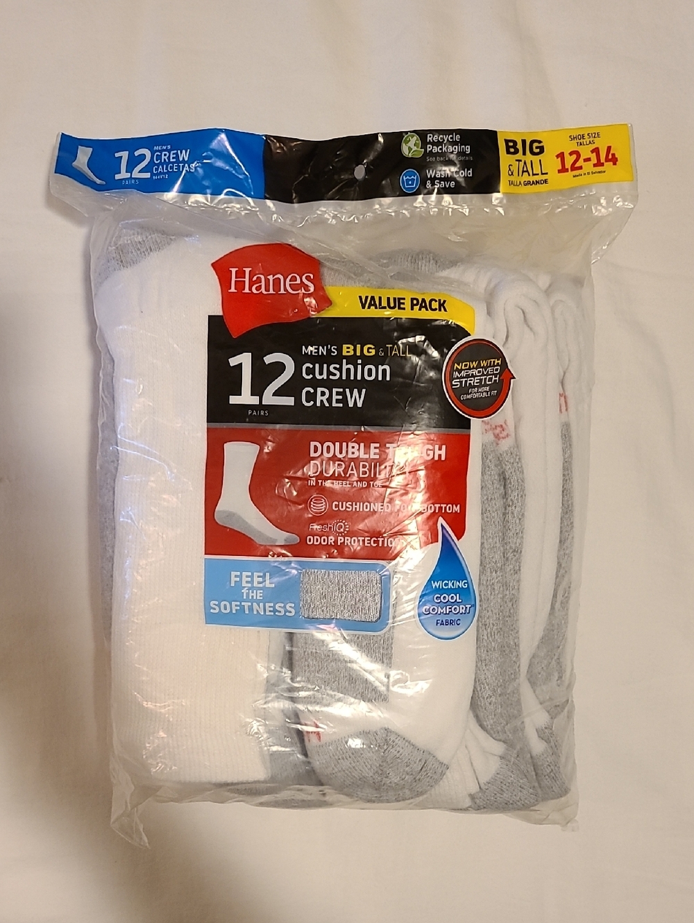 Hanes Big And Tall Cushion Crew Socks, 12 Pairs, Cotton & Polyester  White NWT